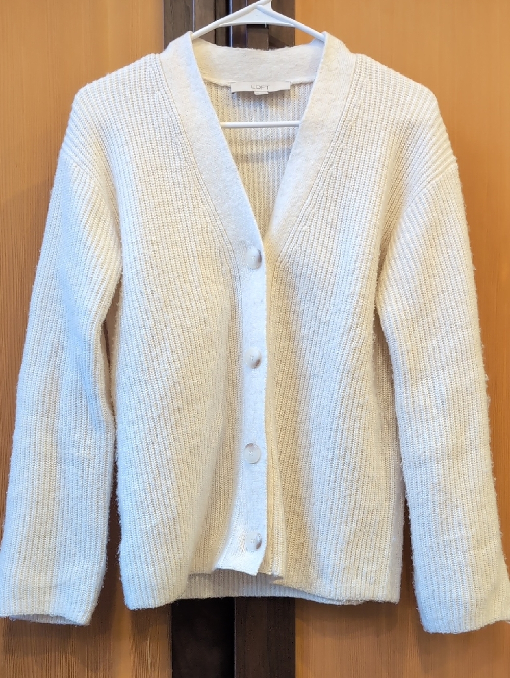LOFT Cream Chunky Ribbed Button-Front Cardigan